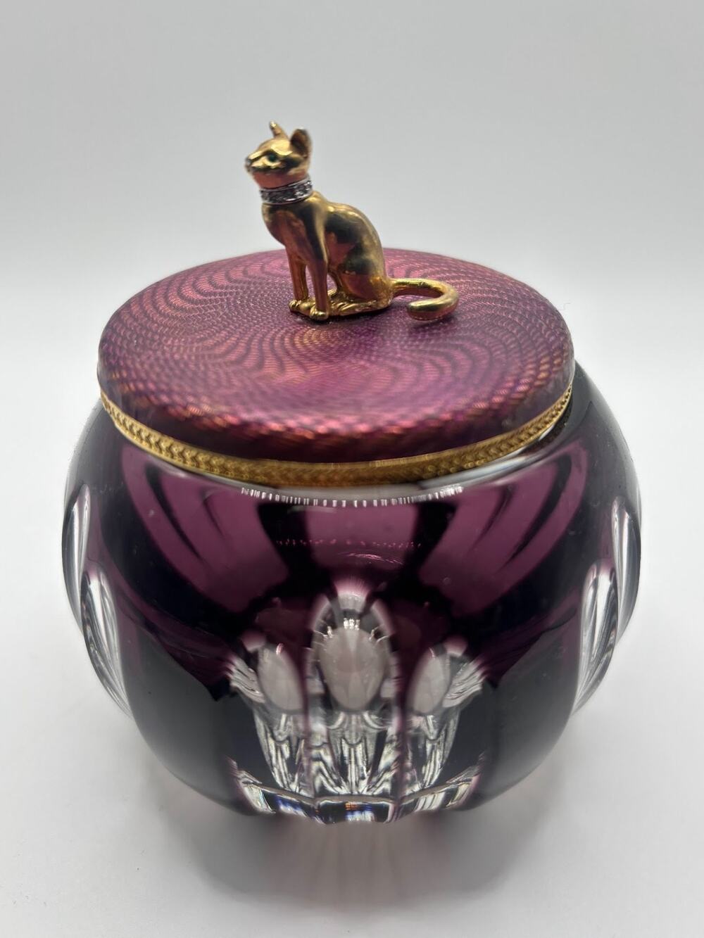 Faberge Amethyst Cut Crystal Vanity Jar Guilloche Enamel Gold Cat w/ Box & COA
